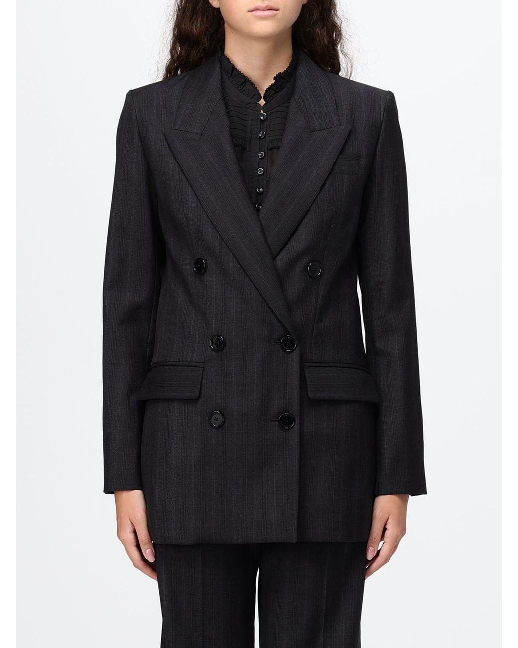 Isabel Marant Black Pinstripe Double-Breasted Virgin Wool Blazer With Peak Lapels