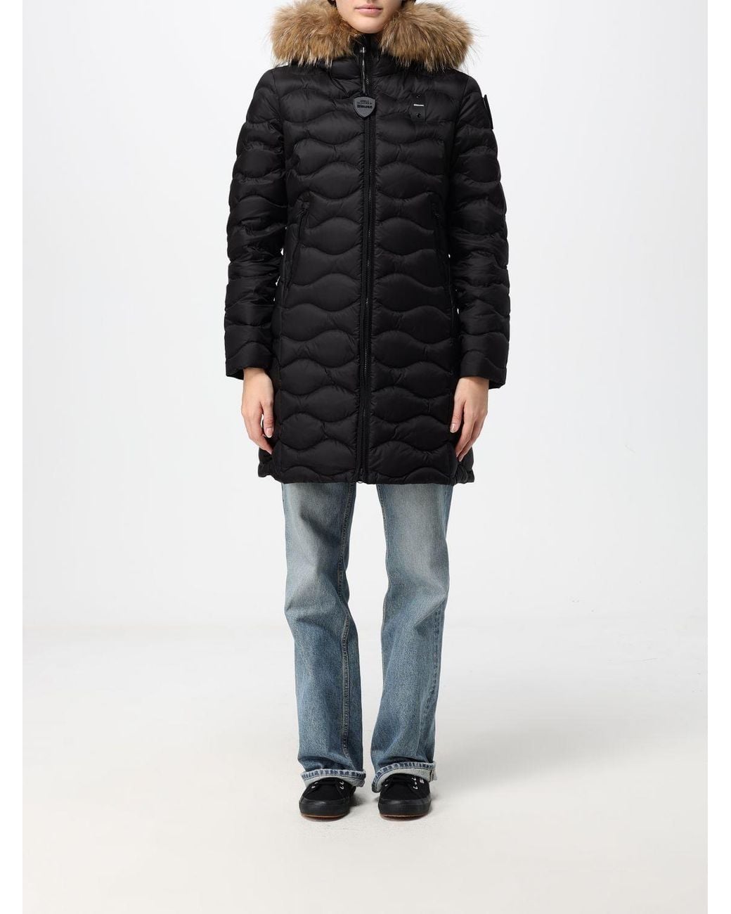 Blauer Black Slim Fit Long Nylon Down Jacket With Shearling Hood