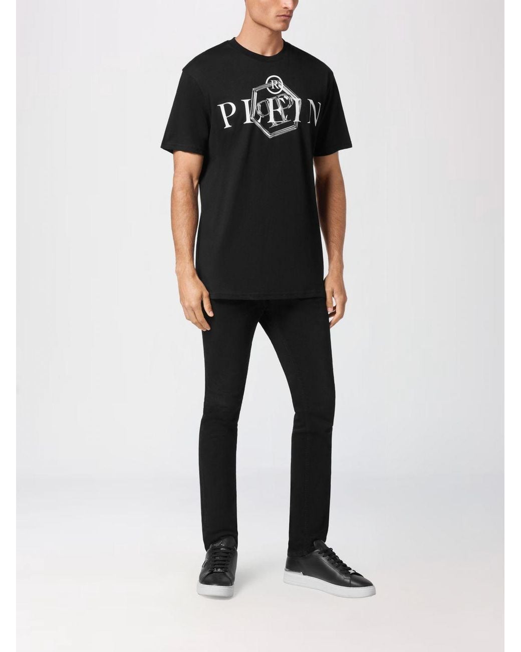 Philipp Plein Black Solid Colour Cotton Crew-Neck T-Shirt With Logo for men