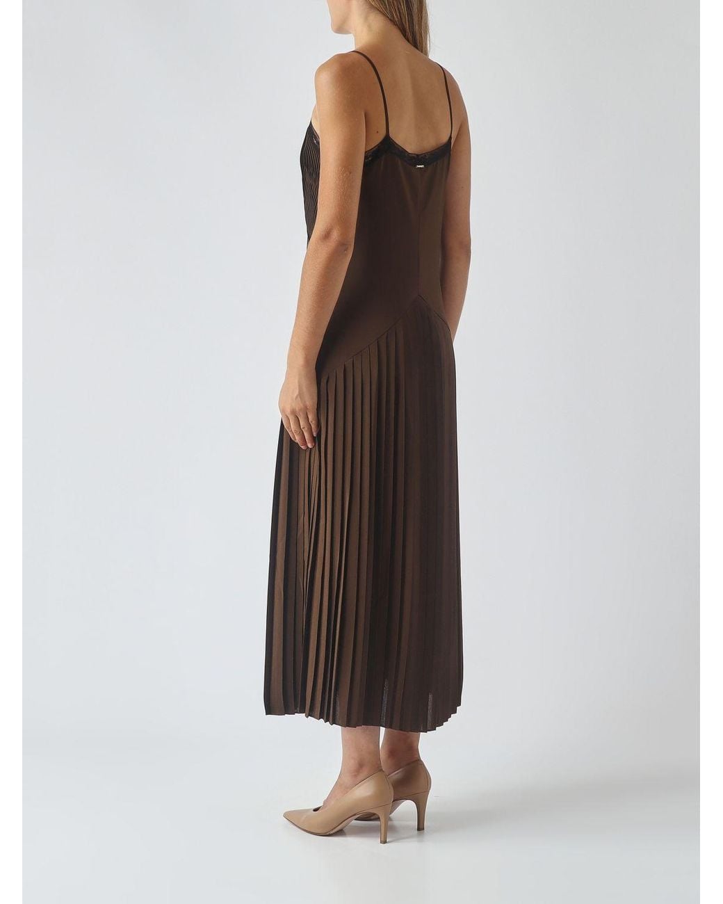 Twinset Brown Pleated Satin Midi Slip Dress With Lace Inserts