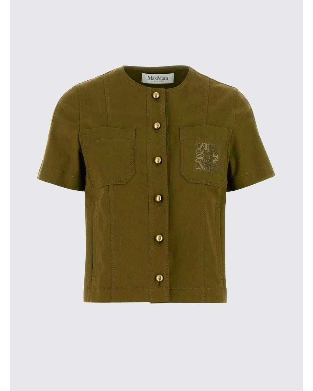 Max Mara Green Short-Sleeved Stretch Cotton Top With Pocket And Embroidered Logo