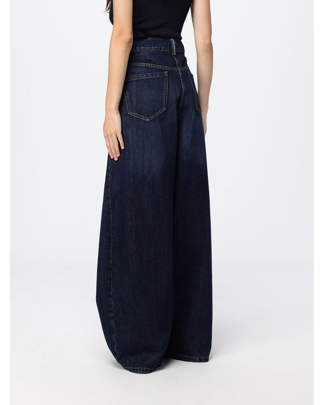 Brunello Cucinelli Blue High-Waisted Wide Leg Cotton Denim Jeans By