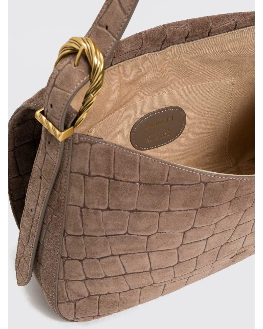 Twinset Brown Animalier Croc-Embossed Suede Shoulder Bag