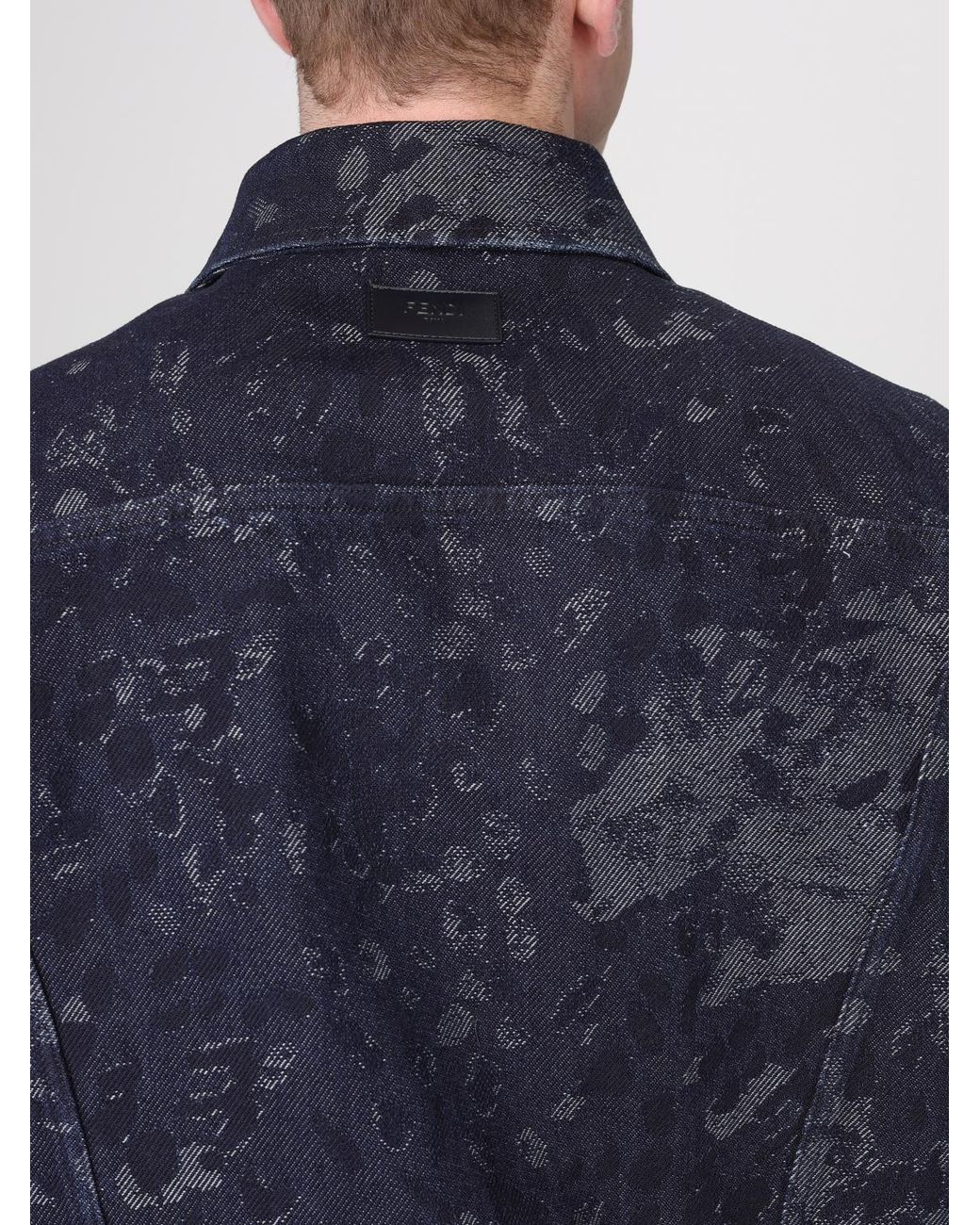 Fendi Blue Cotton Denim Jacket With Camouflage Print for men