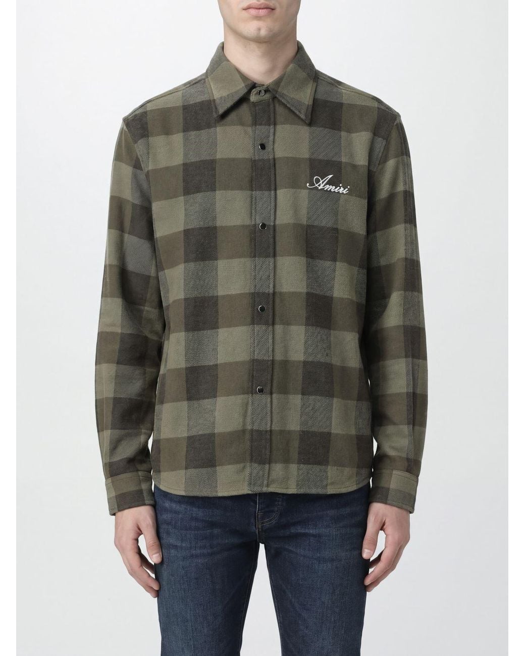 Amiri Gray Check Cotton Shirt With Spread Collar And Curved Hem for men