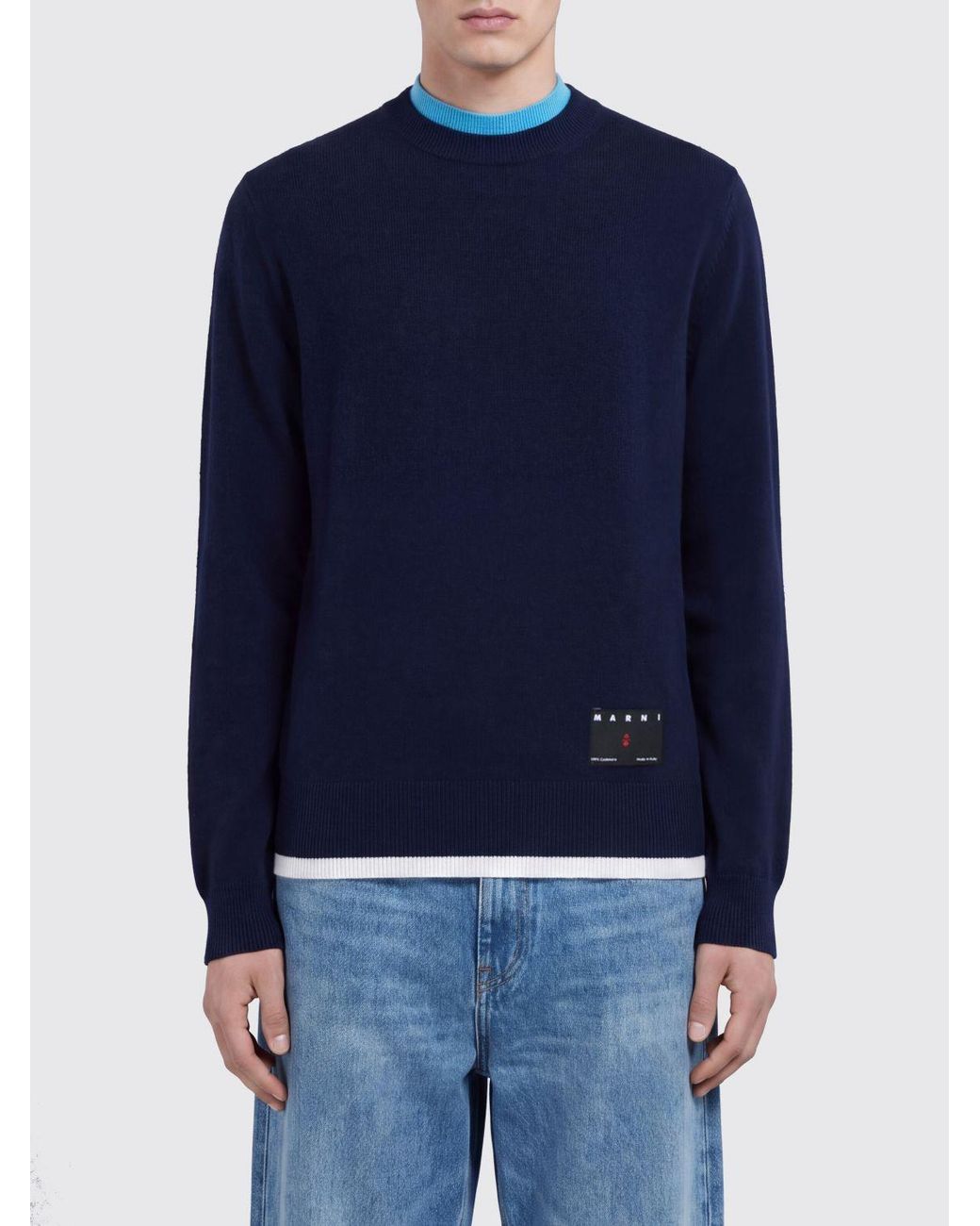 Marni Blue Slim Fit Cashmere Crewneck Jumper With Contrast Trims for men