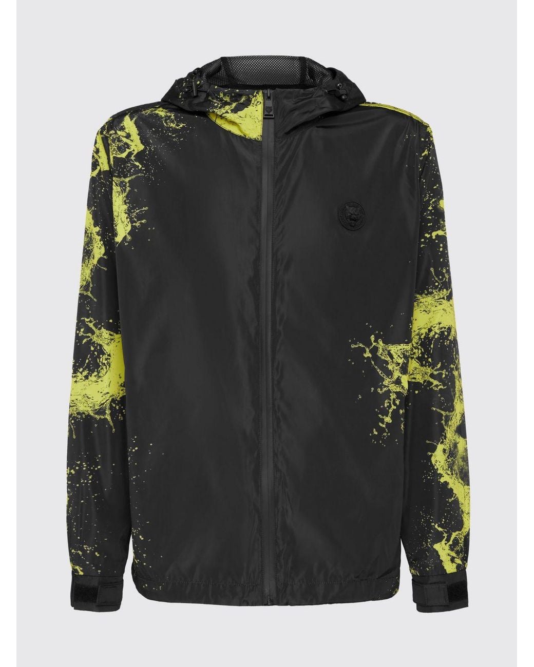 Philipp Plein Black Hooded Windbreaker Jacket With Abstract Print And Logo for men