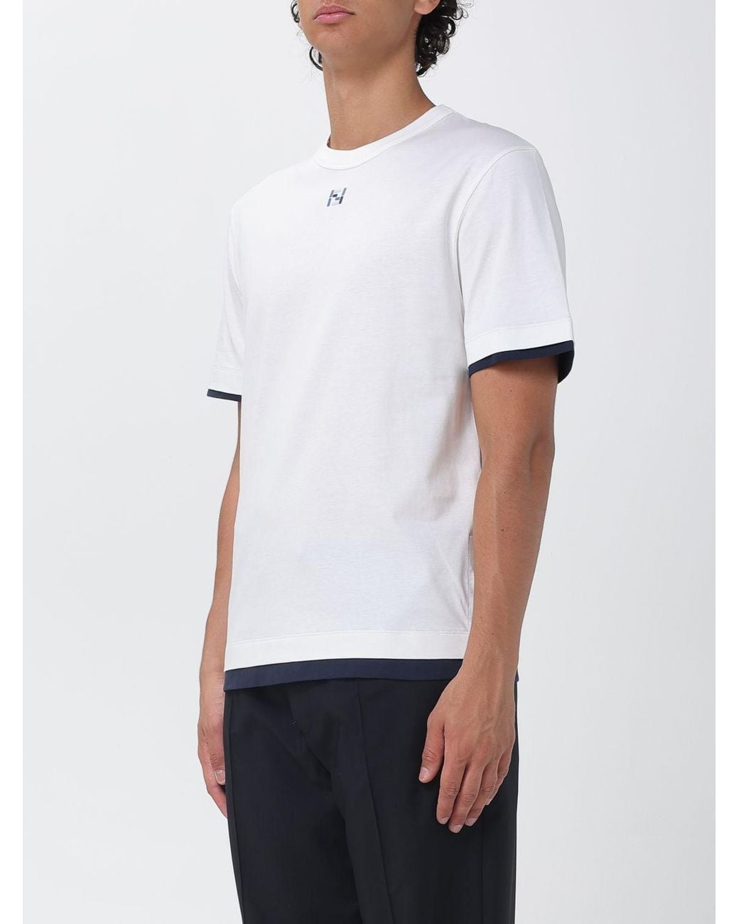 Fendi White Cotton T-Shirt With Ff Monogram And Contrast Trims for men