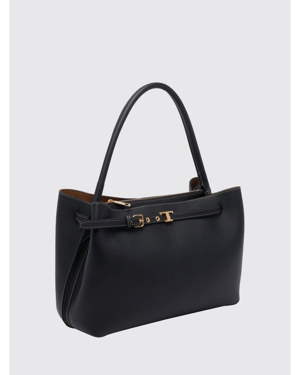 Tod's Black Grained Calf Leather Shoulder Bag With T Timeless Logo And Hook Closure