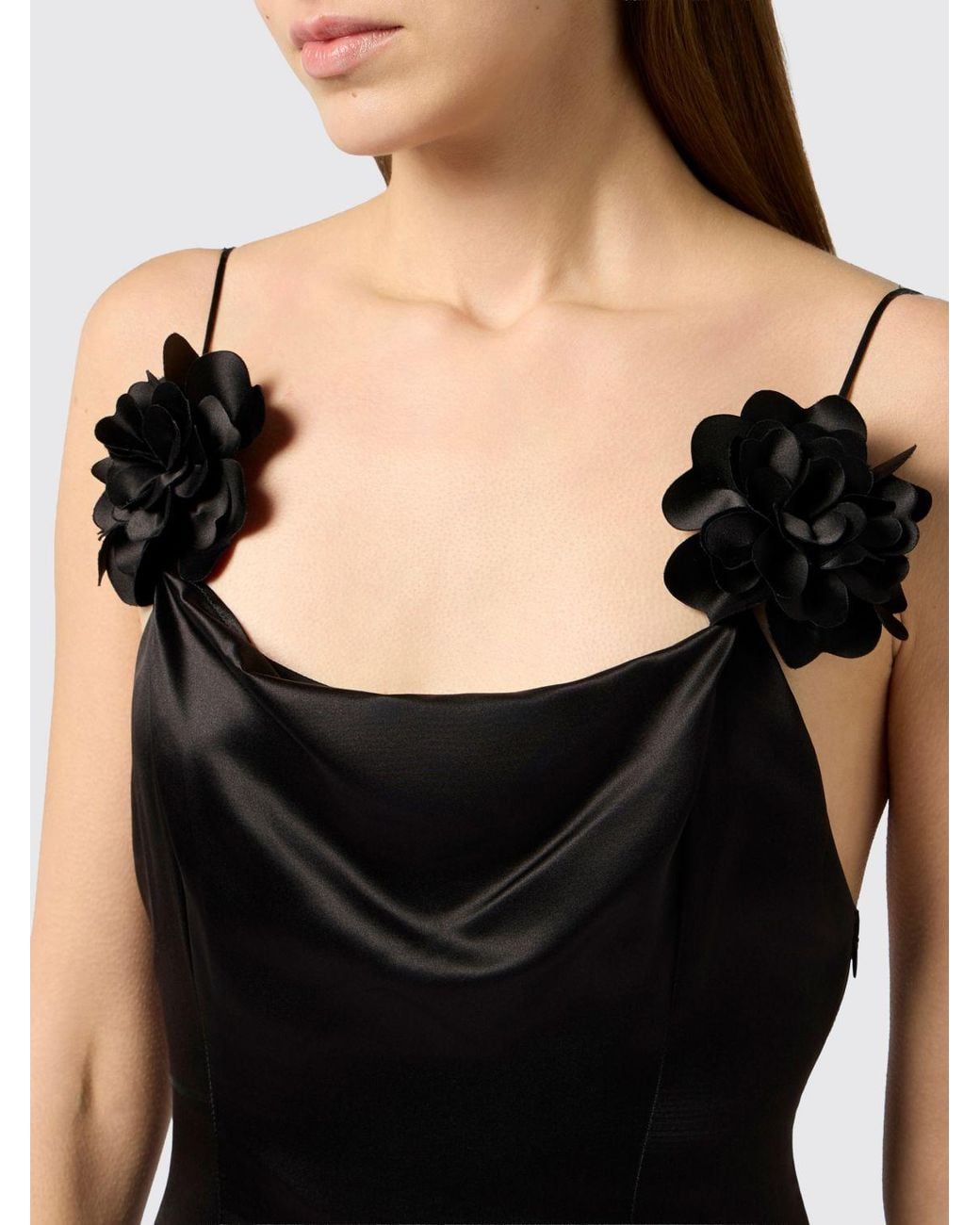 Philipp Plein Black Satin Midi Cocktail Dress With Square Neckline And Flower Appliqué