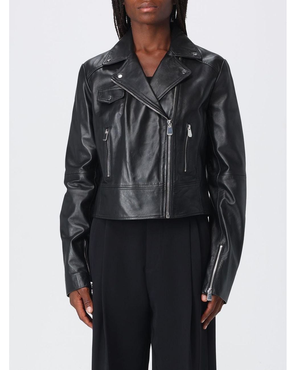 Pinko Black New Sensibile Cropped Lamb Nappa Biker Jacket With Asymmetric Zip