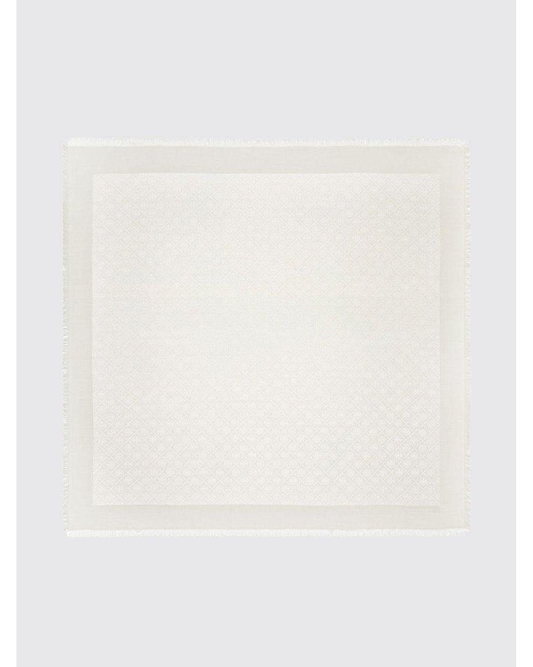 Tory Burch Natural Square Silk And Wool Foulard With Double T Logo And Fringed Edges