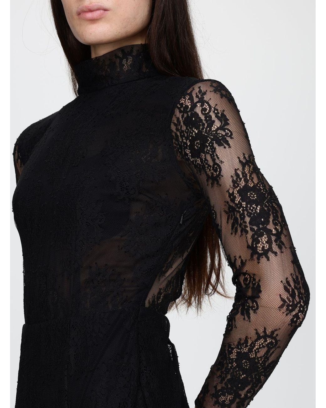 Hanita Black High-Neck Long Sleeve Lace Long Evening Gown