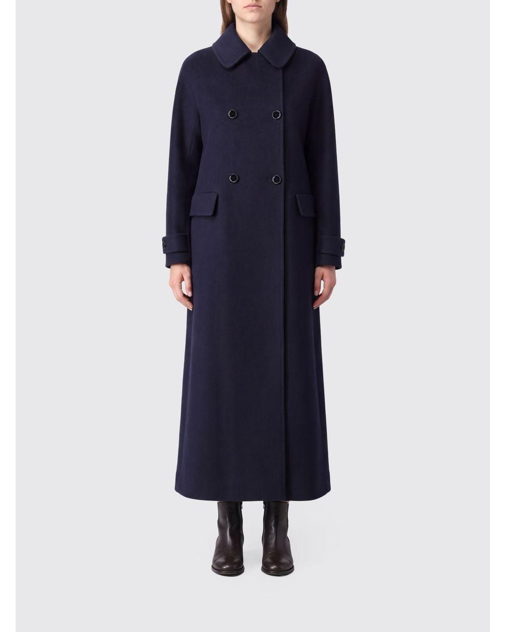 Aspesi Blue Long Double-Breasted Pure Wool Coat With Flap Pockets