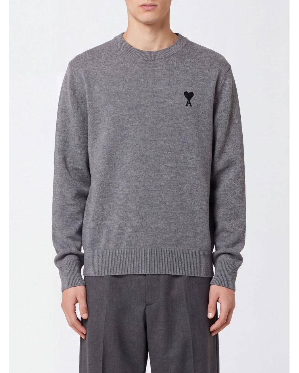 AMI Gray Wool Crewneck Jumper With Embroidered Ami De Cœur Logo for men