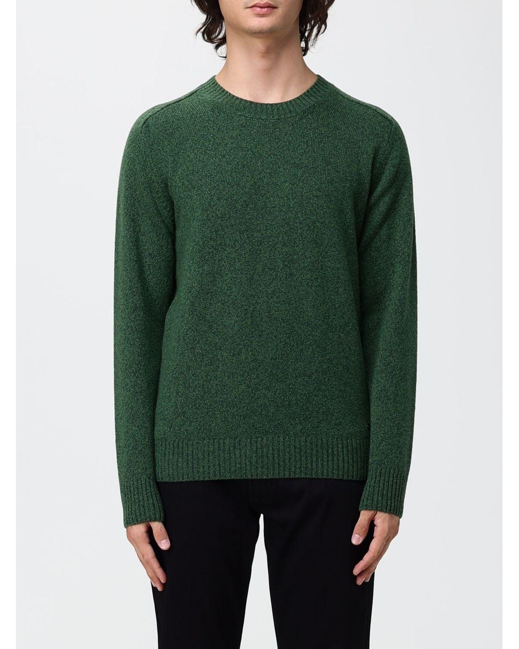 Brooksfield Green Pure Wool Crew-Neck Jumper With Ribbed Trims for men