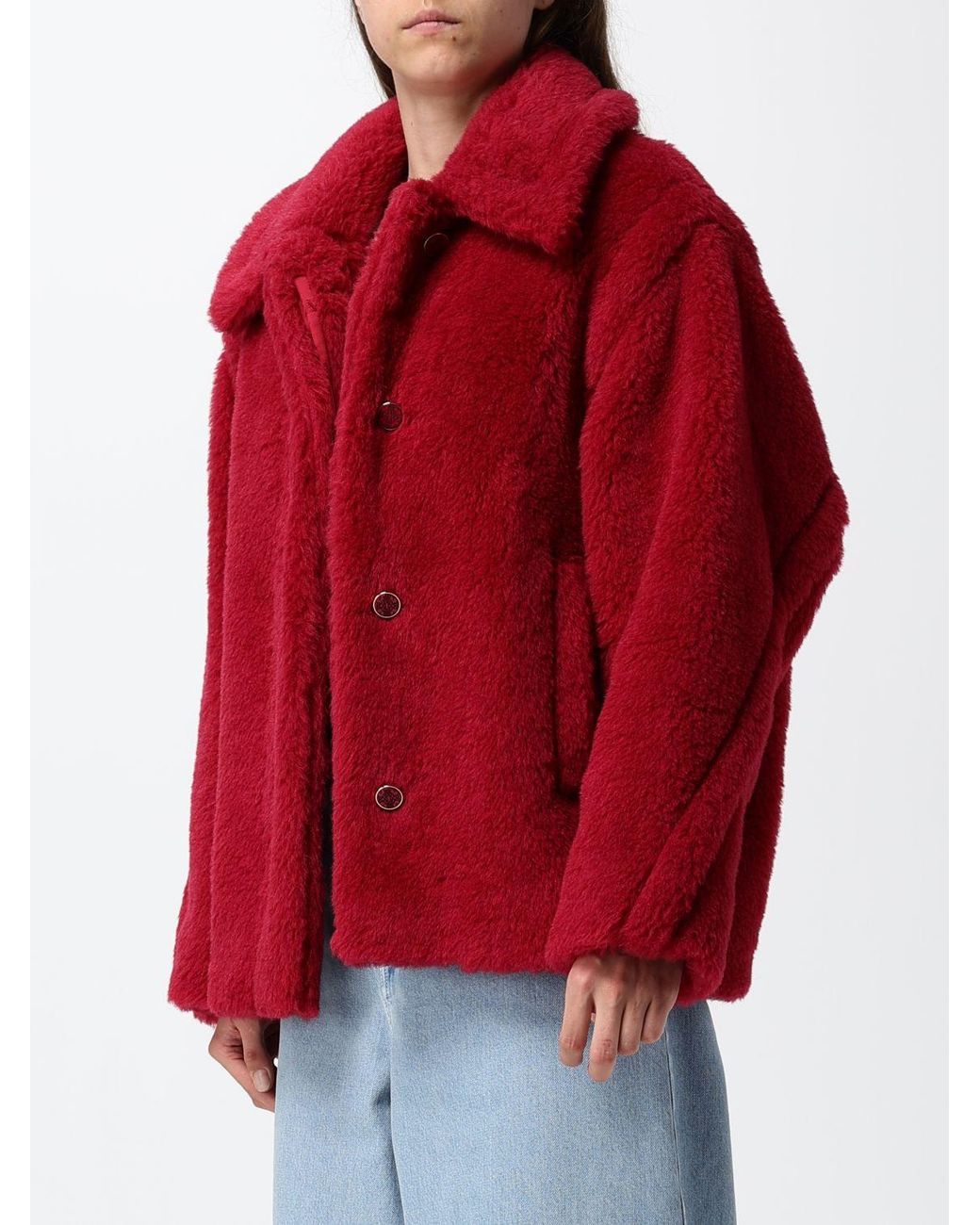 Max Mara Red Alpaca And Wool Teddy Jacket With Concealed Closure