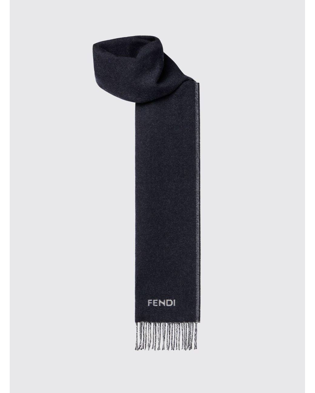 Fendi Blue Pure Cashmere Scarf With Embroidered Logo And Fringed Edges for men