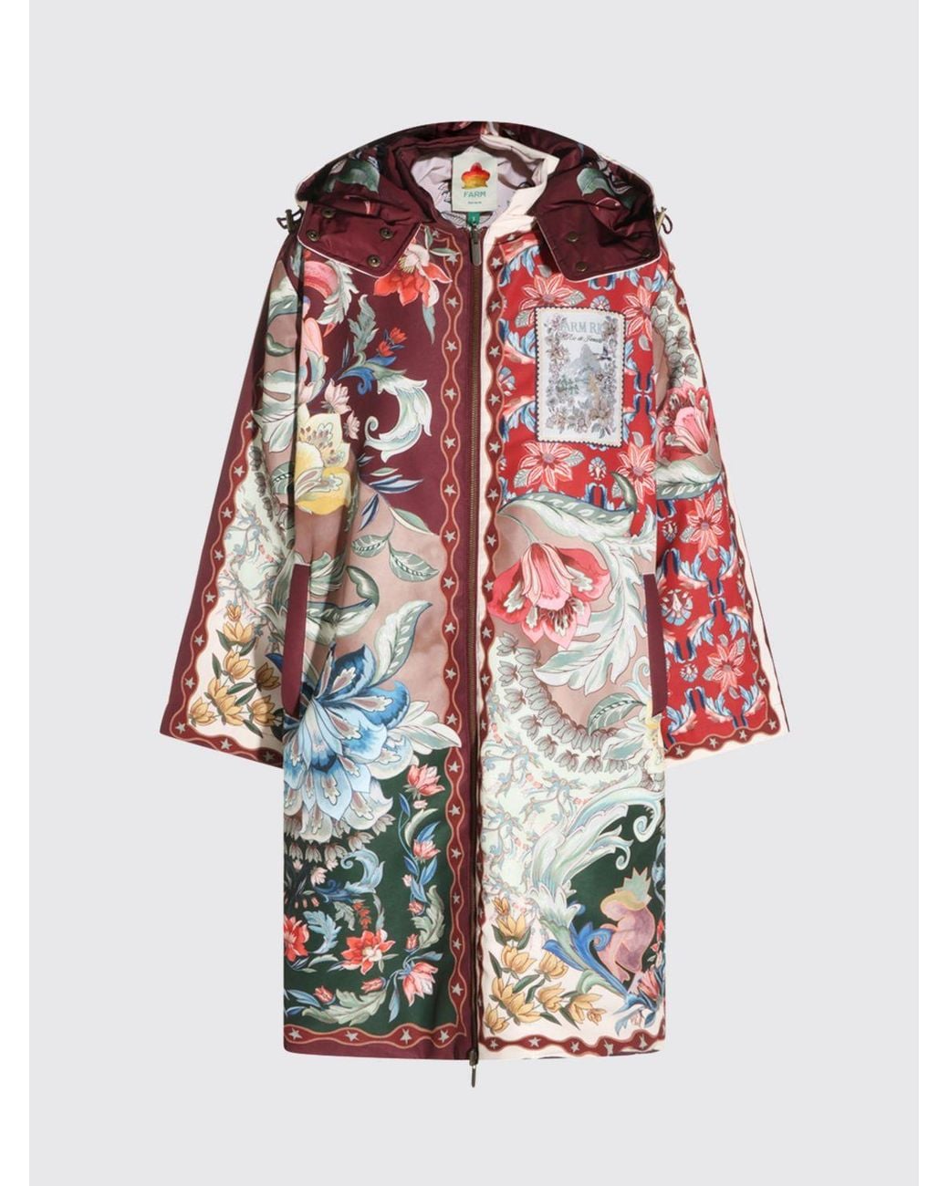 Farm Rio Red Reversible Knee-Length Coat With Floral Print And Hood
