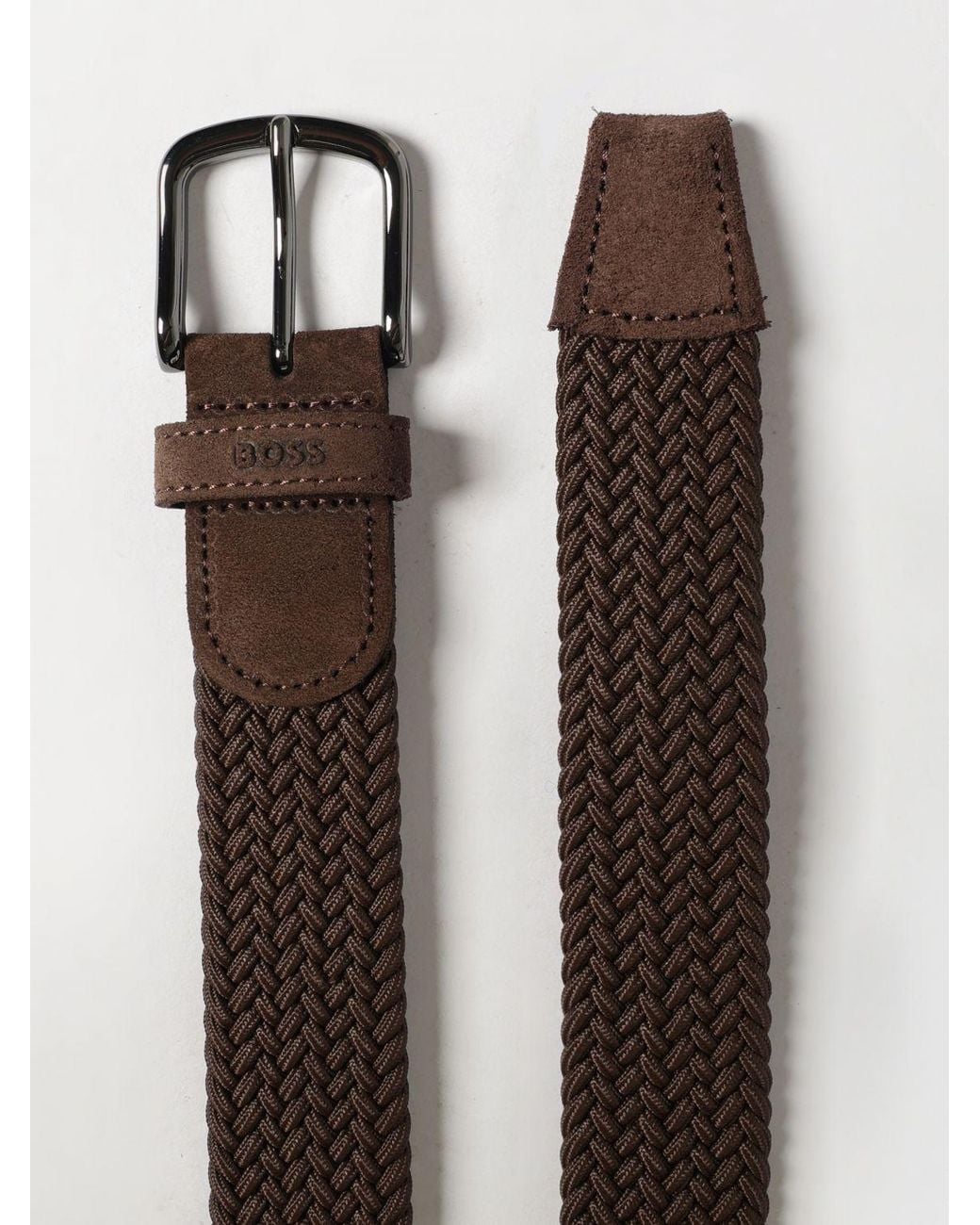 Boss Brown Adjustable Woven Leather Belt With Pin Buckle for men