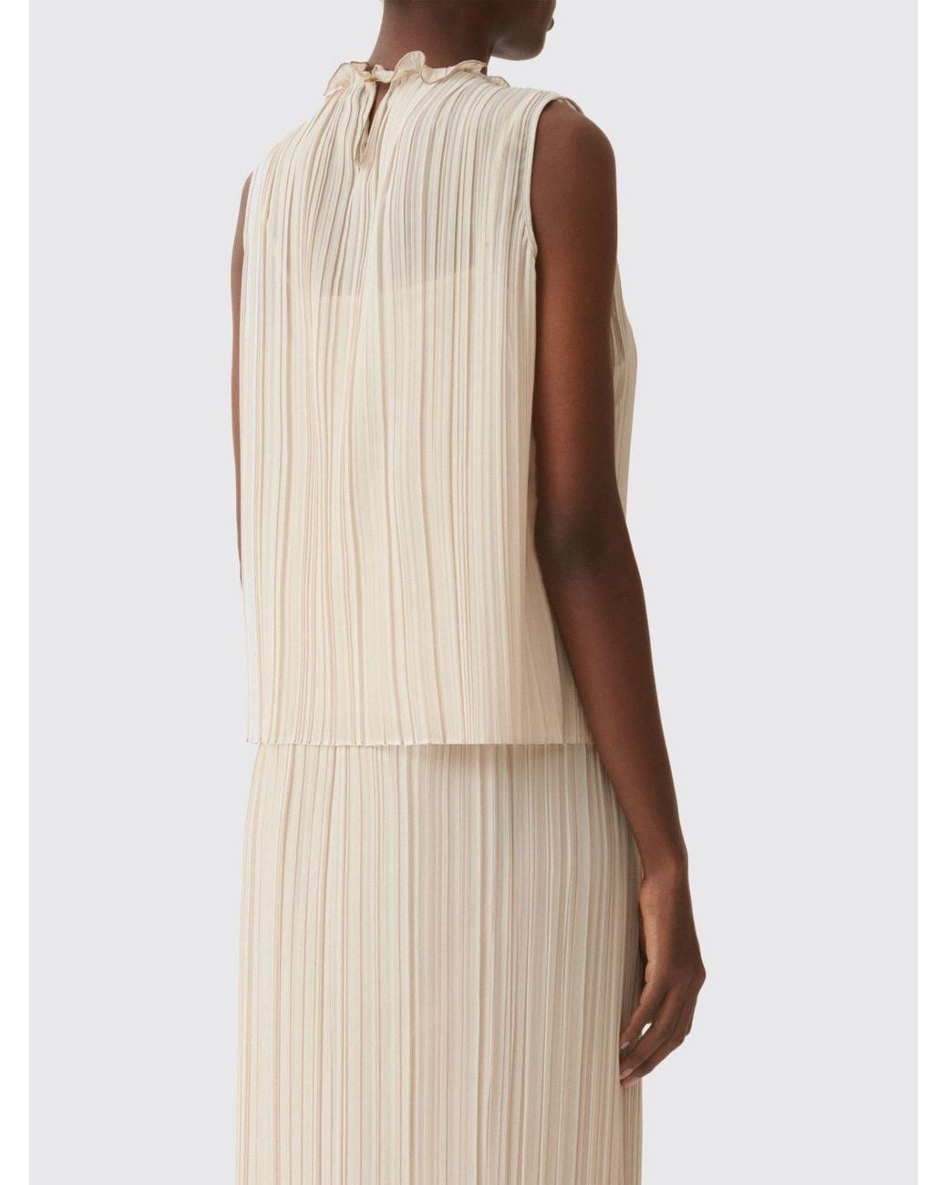 Fabiana Filippi Natural Sleeveless Pleated Blouse With Elegant Ruffle Collar