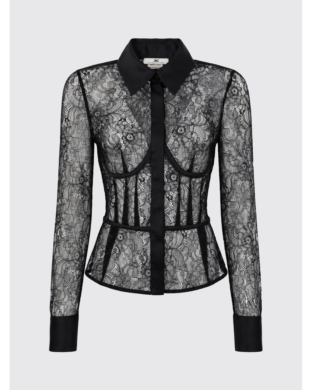 Elisabetta Franchi Black Sheer Lace Corset Shirt With Classic Collar