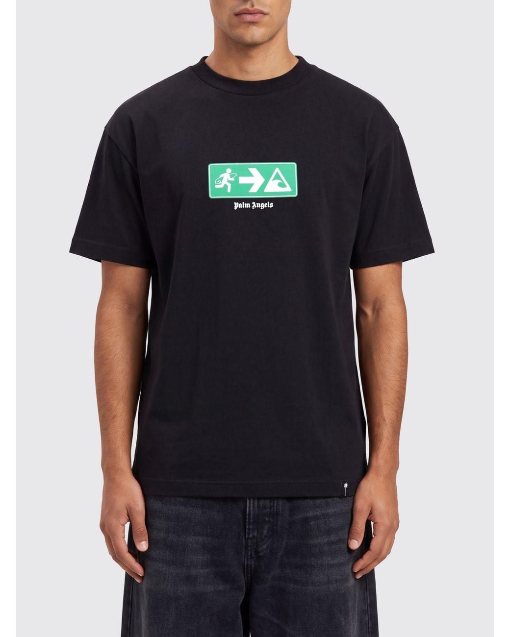 Palm Angels Black Cotton T-Shirt With Graphic Print And Contrast Logo for men