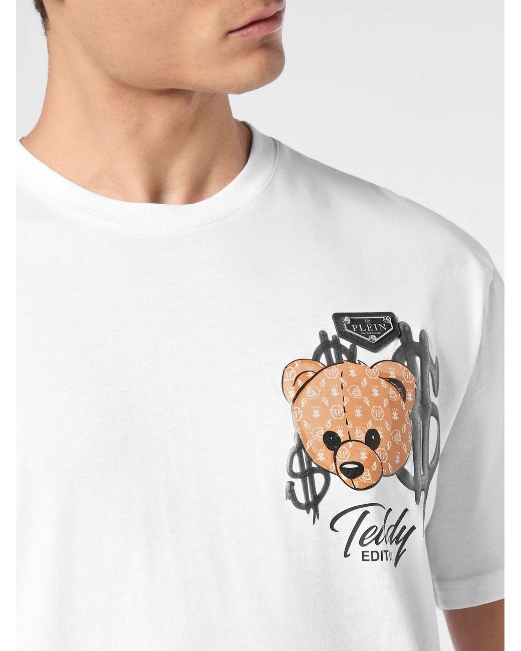 Philipp Plein White Teddy Bear Print Cotton T-Shirt With Logo for men