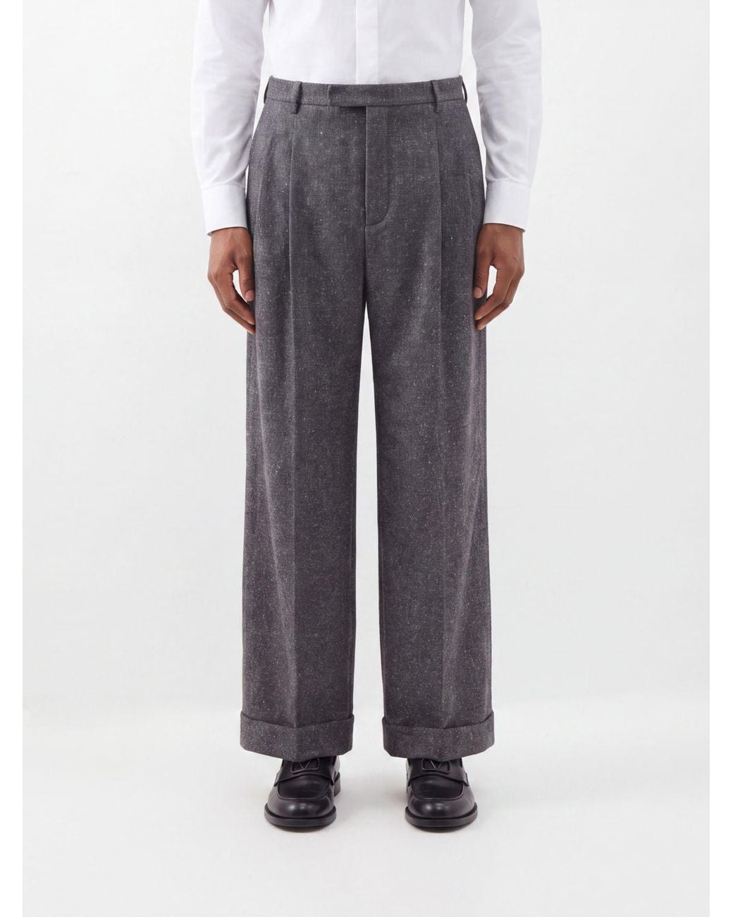 Valentino Garavani Gray Wide-Leg Tailored Wool Blend Trousers With Turn-Up Cuffs for men