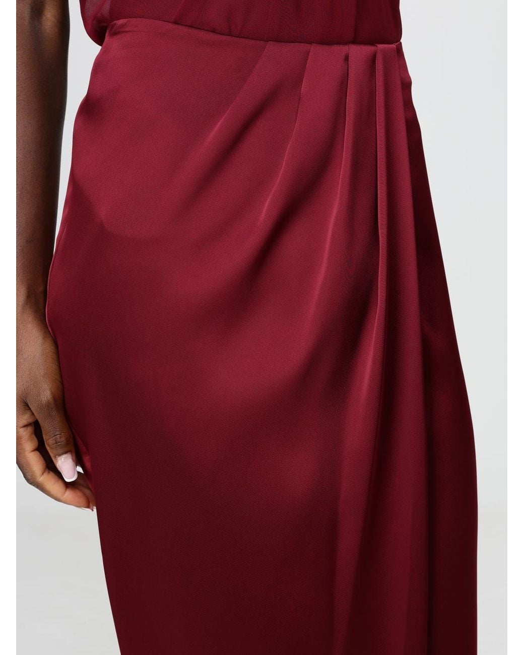 Hanita Red Draped High-Waisted Satin Long Pencil Skirt