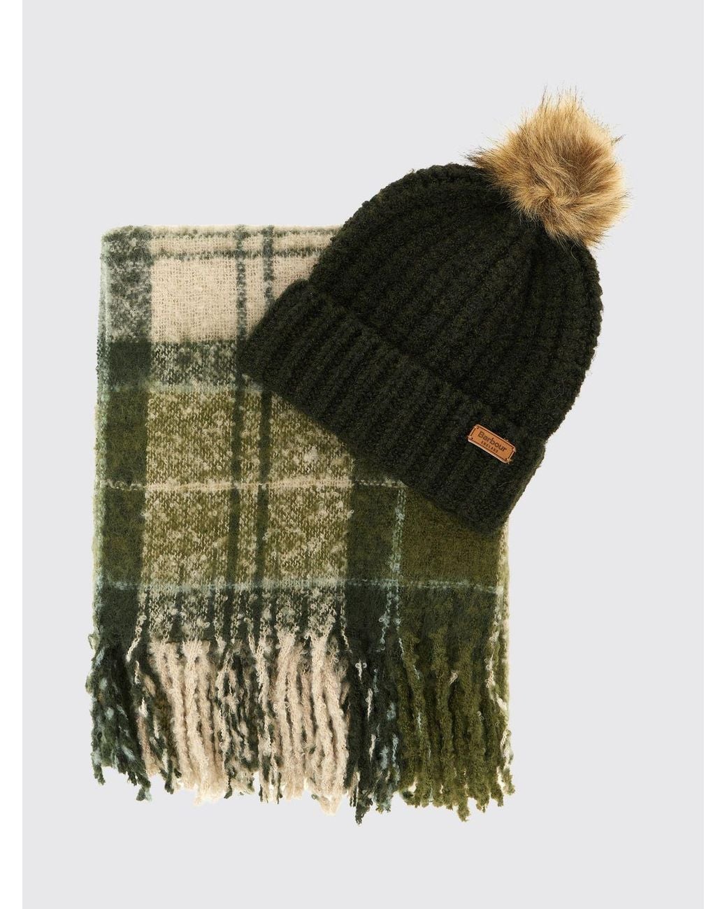 Barbour Green Two-Piece Tartan Wool Scarf And Hat Set