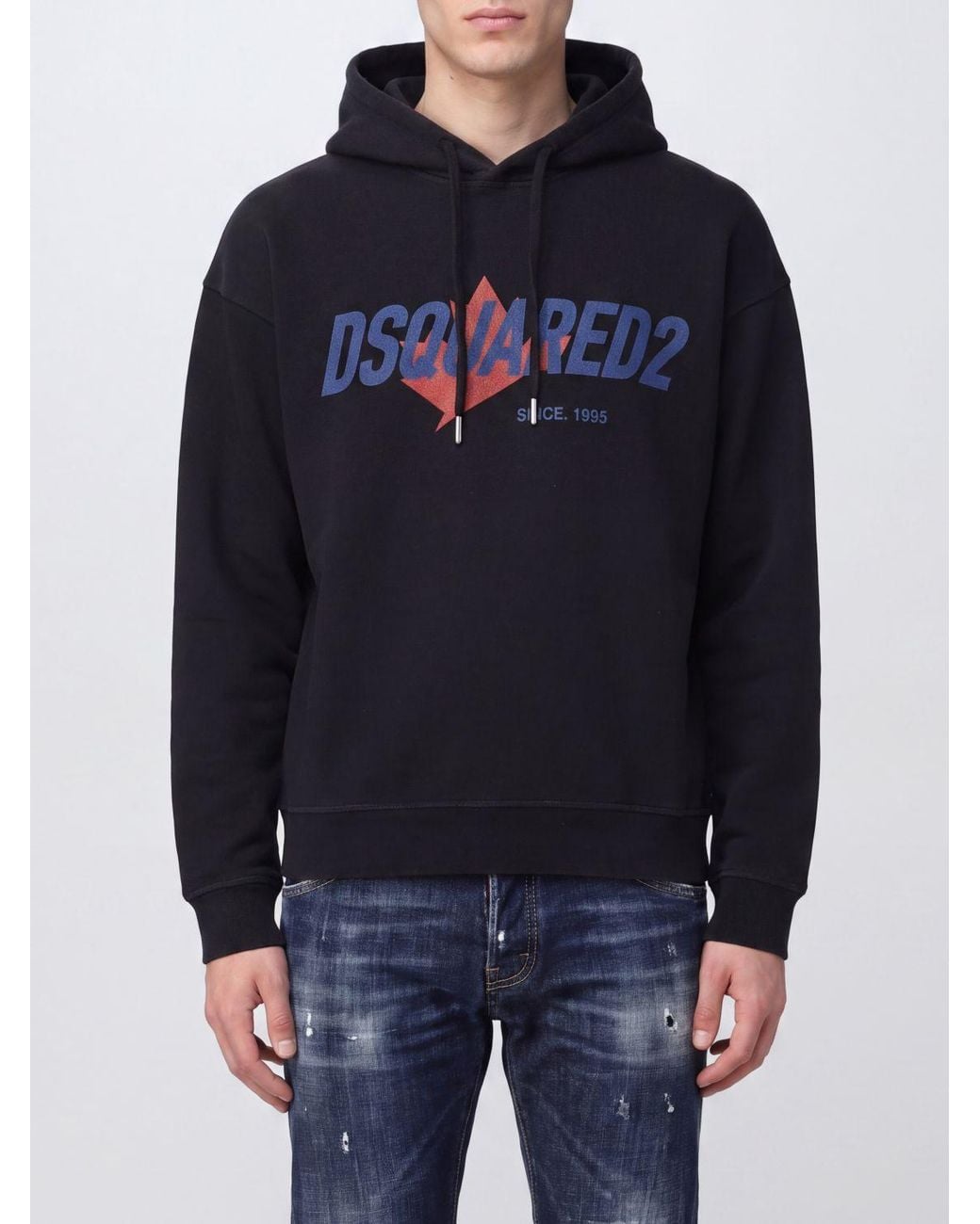 DSquared² Blue Cotton Hoodie With Printed Logo And Dropped Shoulders for men