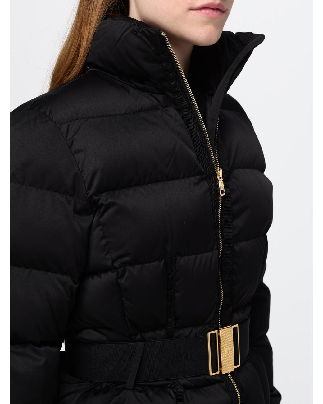 Elisabetta Franchi Black Short Quilted Puffer Jacket With Removable Hood And Belt