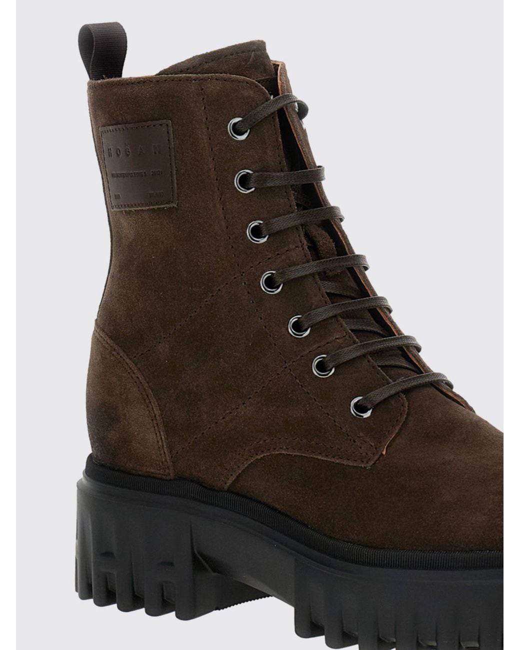 Hogan Brown H700 Lace-Up Suede Calf Leather Combat Boots With Round Toe And Lug Sole
