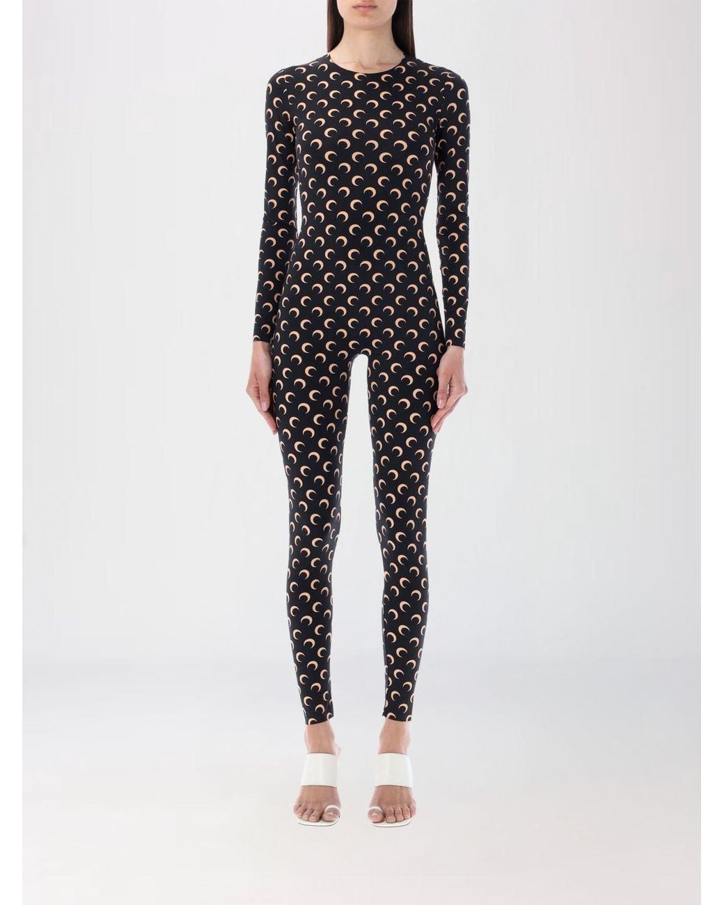 MARINE SERRE Black Stretch Nylon Jumpsuit With All-Over Logo