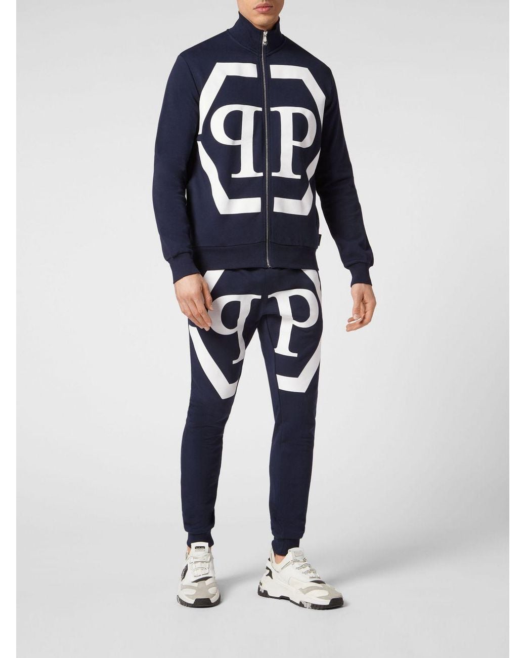 Philipp Plein Blue Cotton Zip-Up Sweatshirt With High Neck And Monogram Hexagon Logo for men