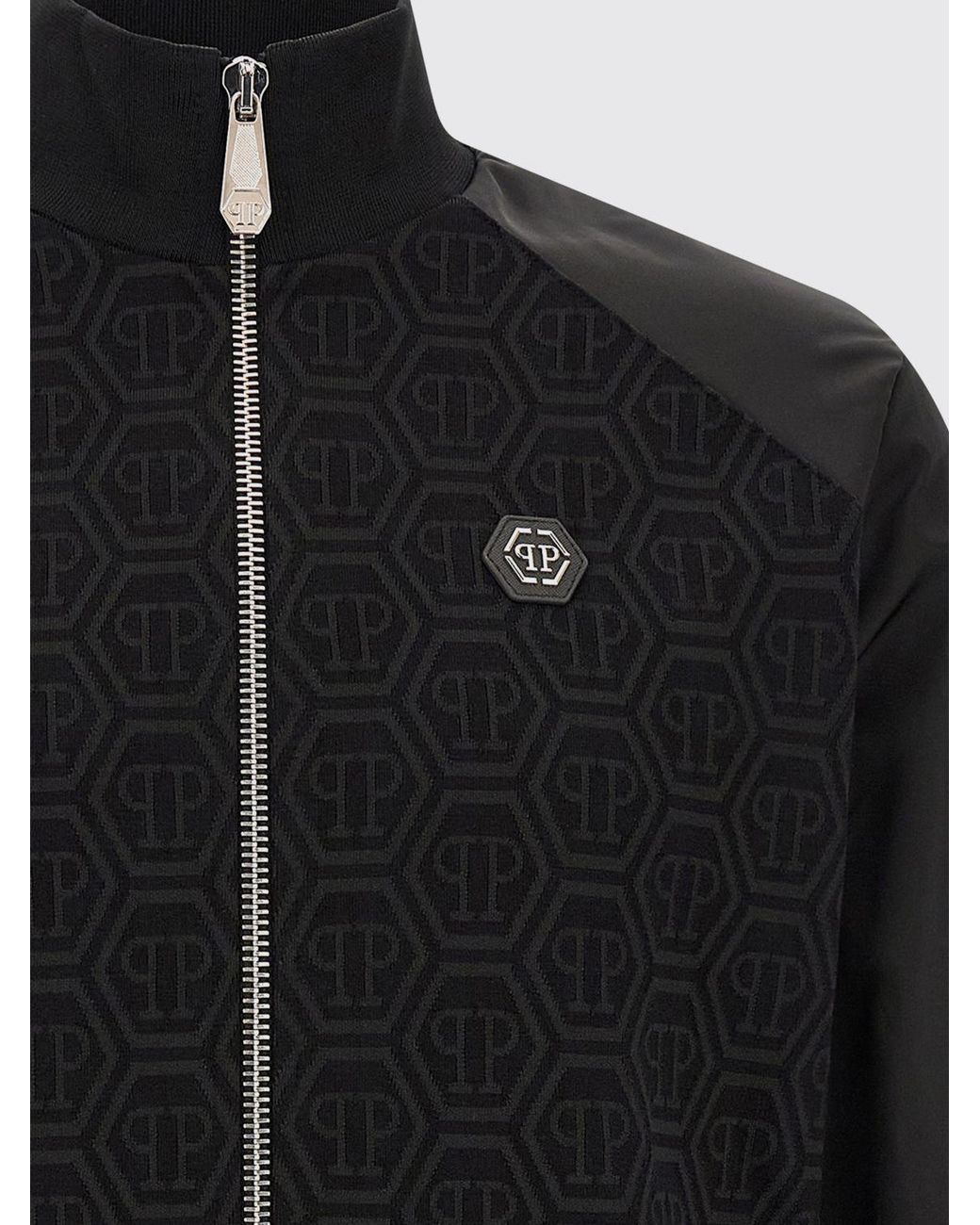 Philipp Plein Blue Hexagon Logo High Neck Zipped Cotton-Blend Sweatshirt for men