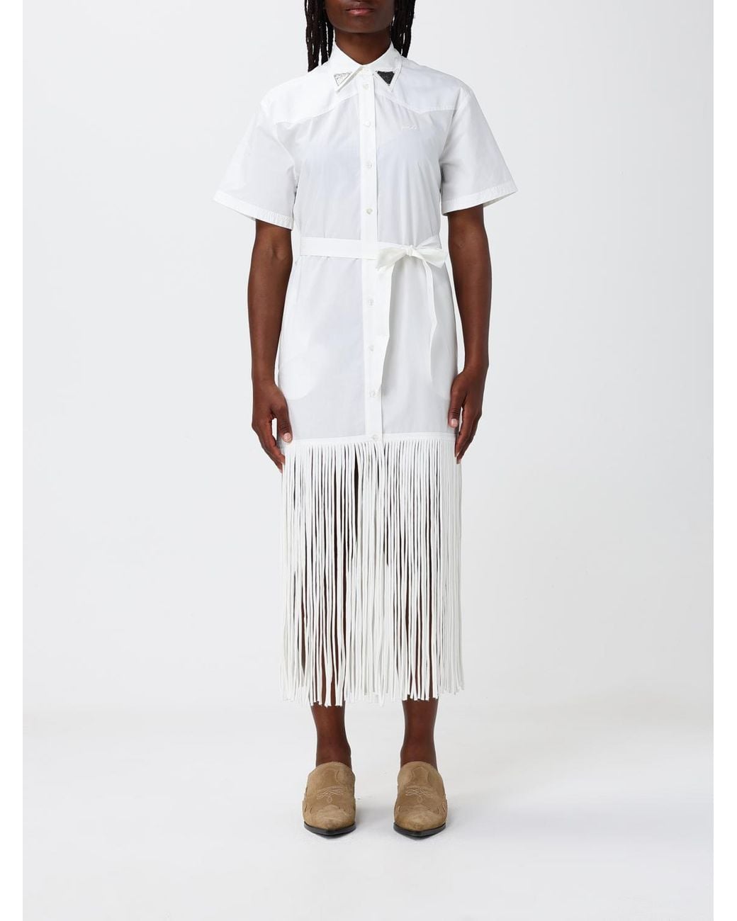 Pinko White Poplin Chemisier Dress With Fringes