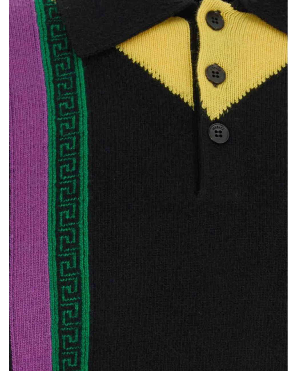 Versace Blue Geometric Pattern Long-Sleeved Wool Knit Polo for men