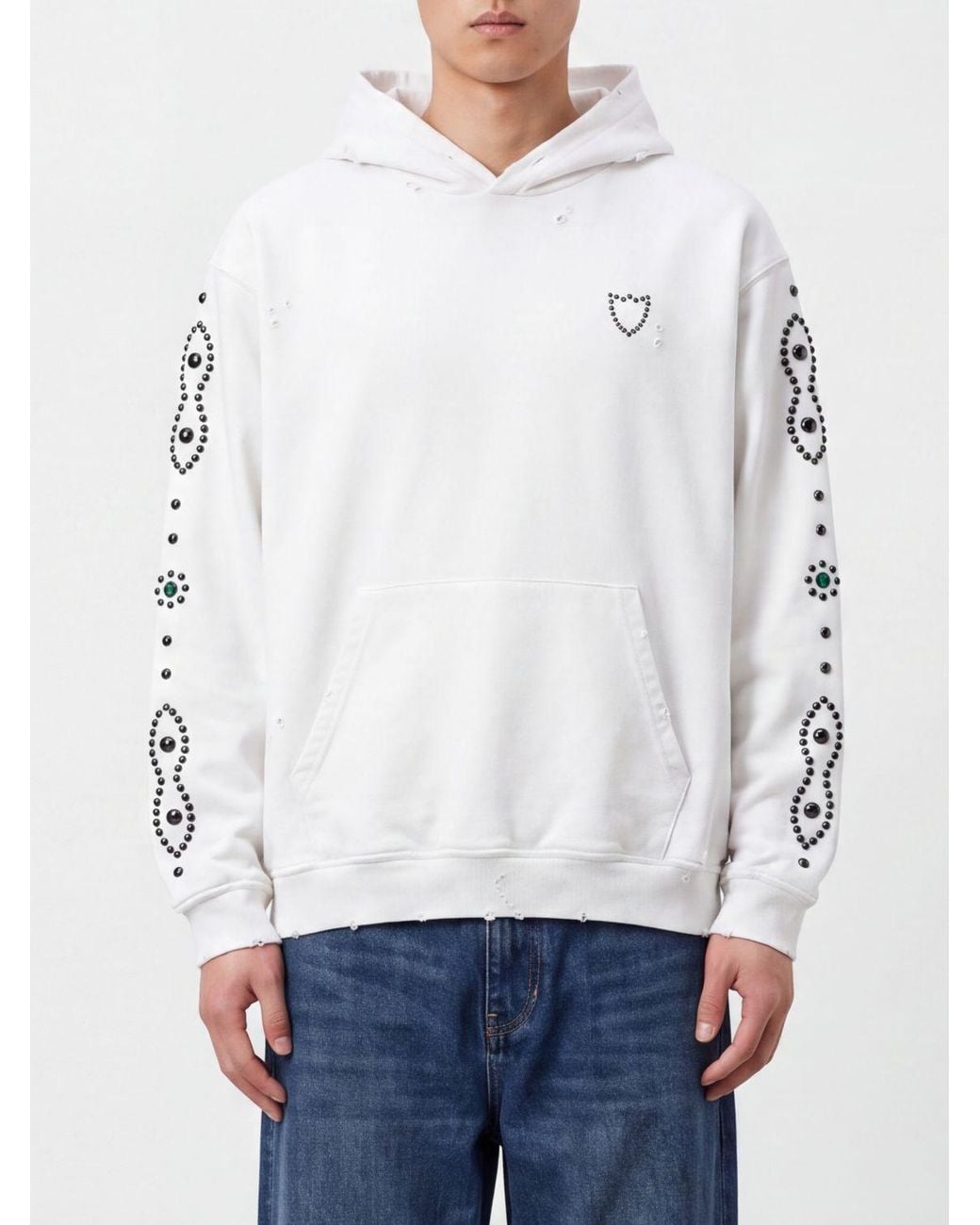 HTC White Oversized Studded Cotton Hoodie With Embroidery for men