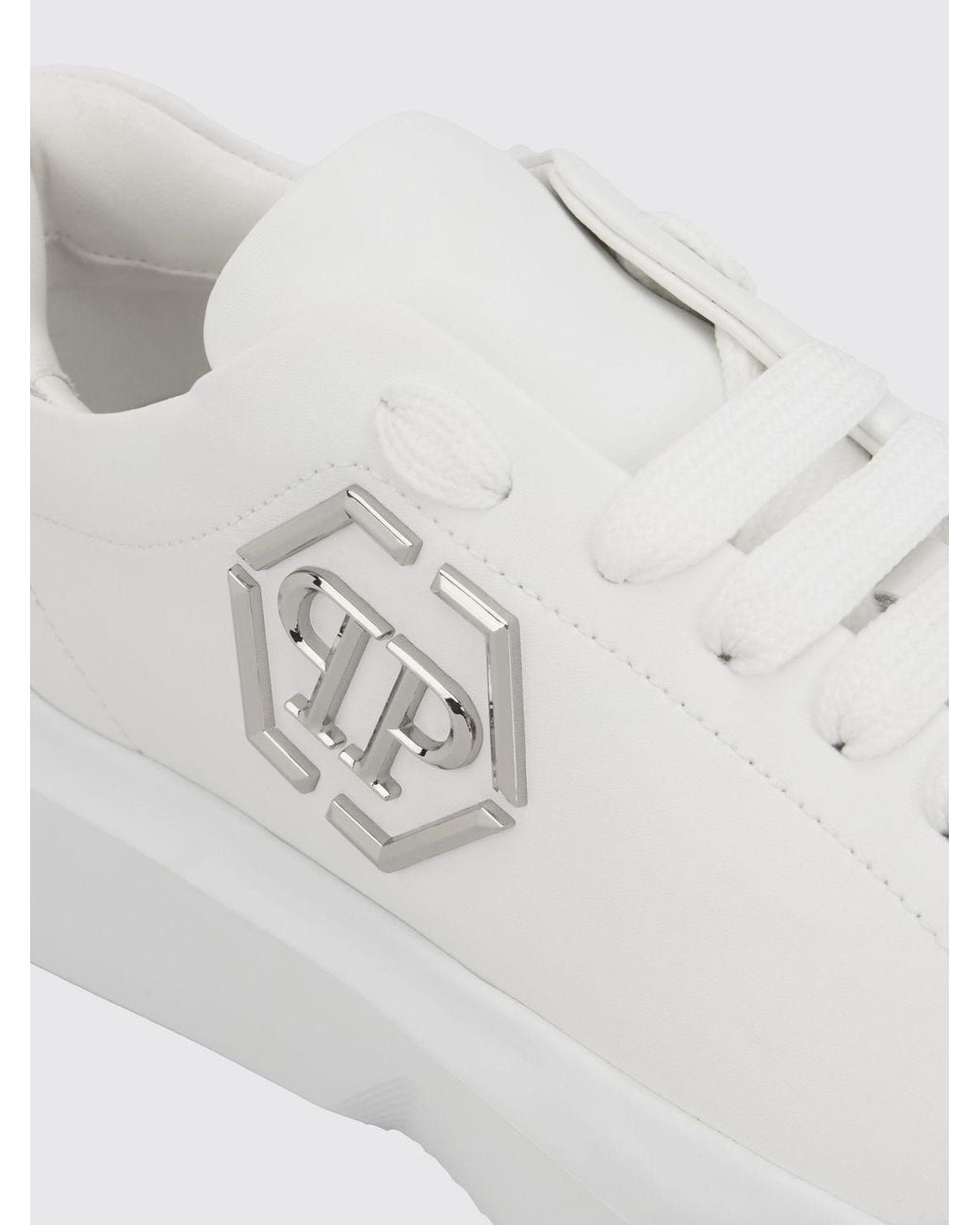 Philipp Plein White Low-Top Leather Sneakers With Hexagon Logo And Platform Sole for men