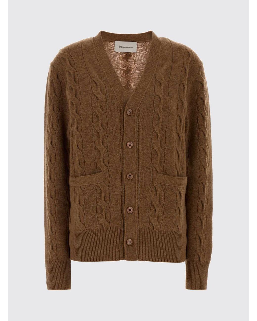 AMI Brown V-Neck Merino Wool Cardigan With Patch Pockets