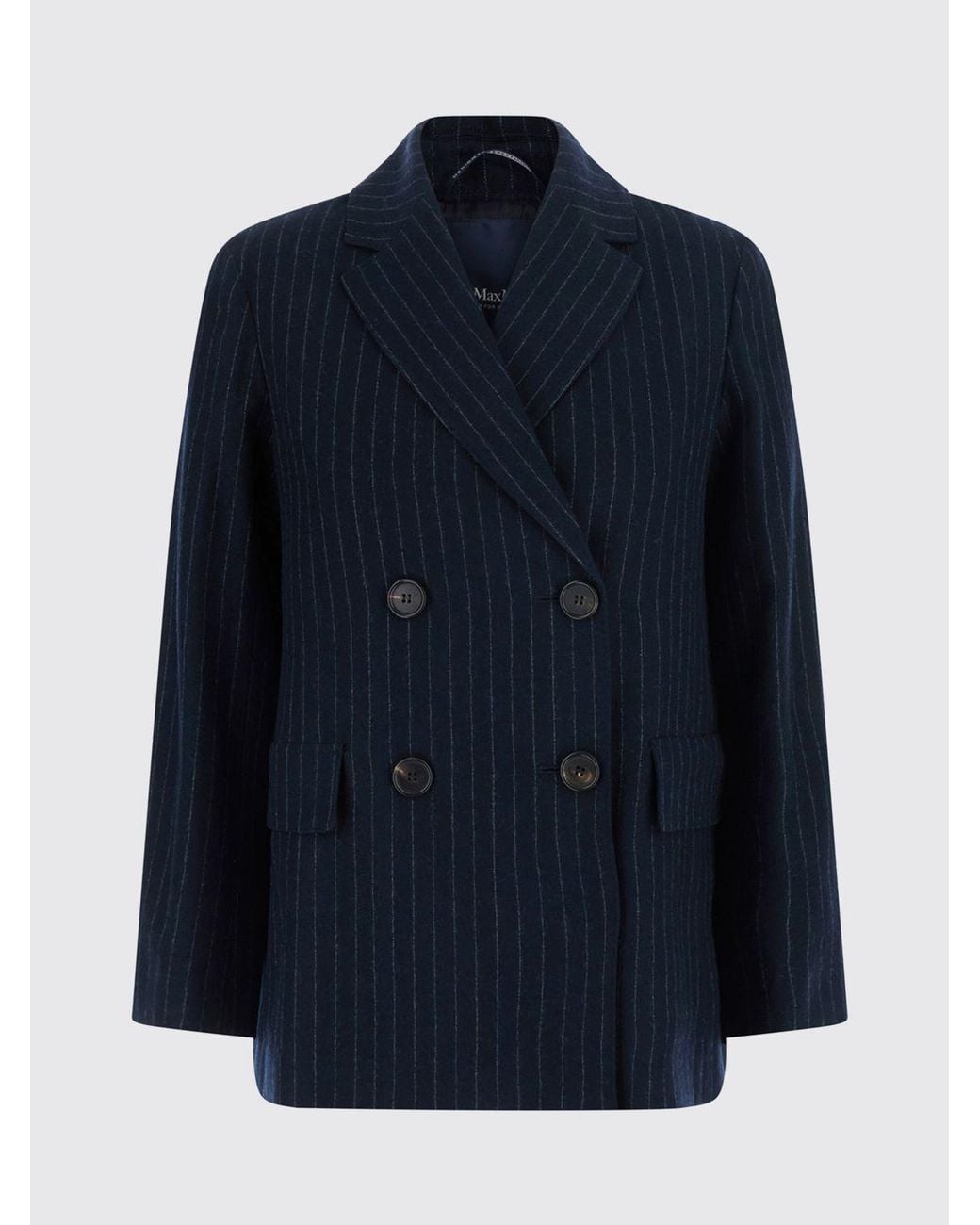 Max Mara Blue Pinstripe Wool Double-Breasted Blazer With Classic Lapels