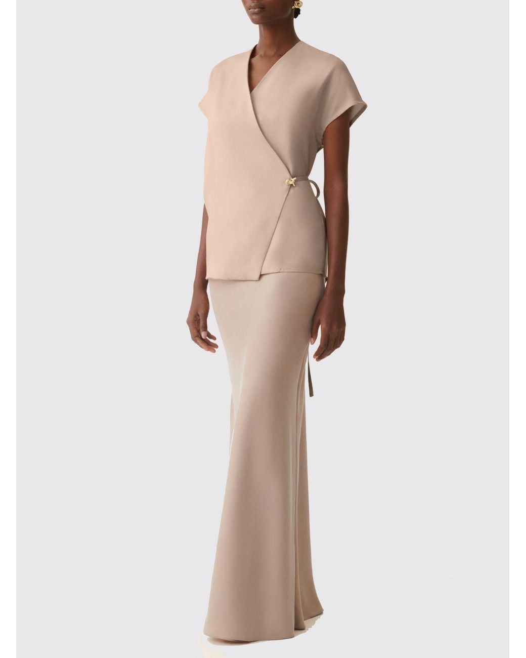 Fabiana Filippi Natural Satin V-Neck Wrap Top With Tie Closure