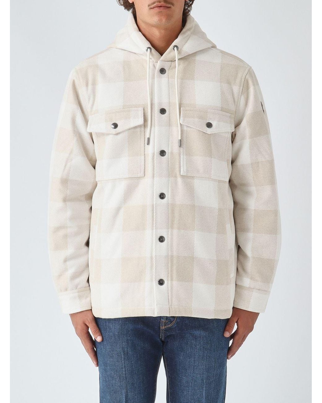 Colmar Natural Hooded Check Wool Blend Shirt Jacket With Patch Pockets for men