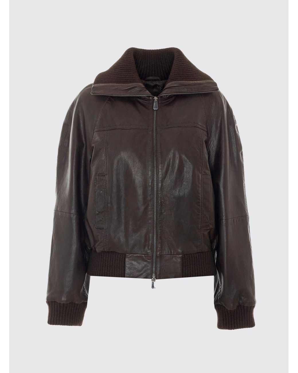 Pinko Black Short Leather Jacket With High Rib-Knit Collar And Zip Closure