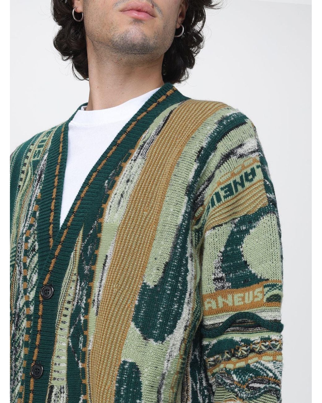Laneus Green Relaxed Fit Patchwork Cardigan for men