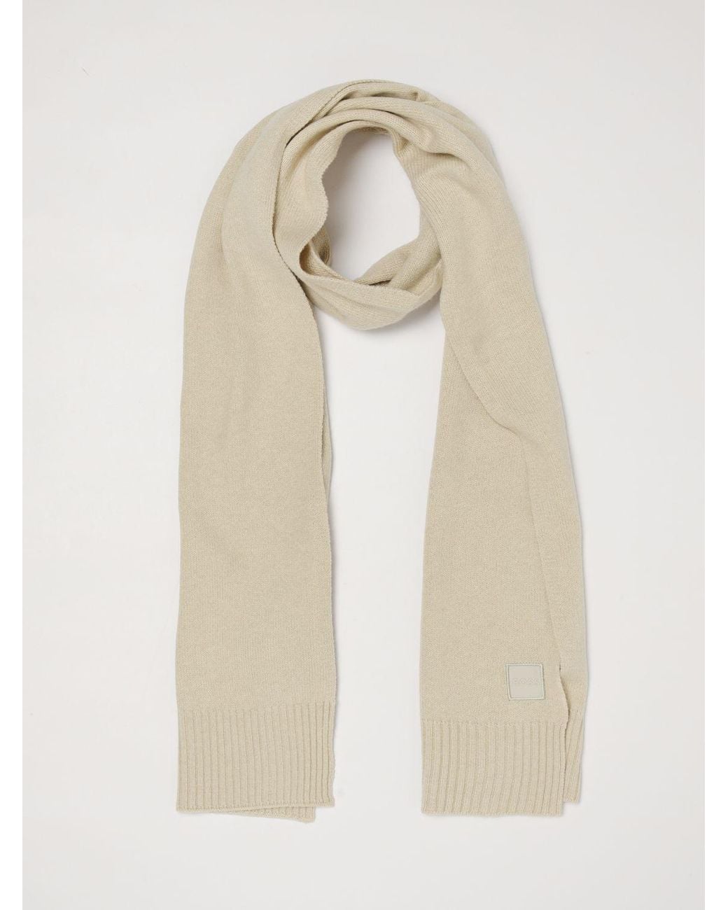 Boss Natural Rectangular Wool And Cotton Scarf With Ribbed Edges And Logo for men