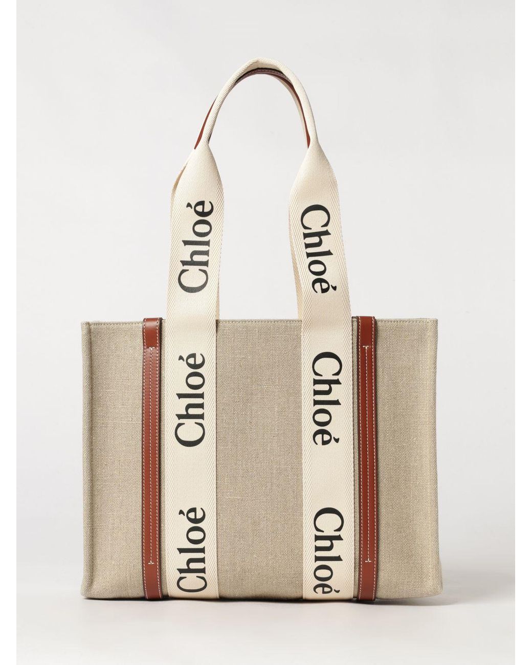 Chloé Natural ChloÉ Woody Linen Tote Bag With Printed Logo And Double Handle