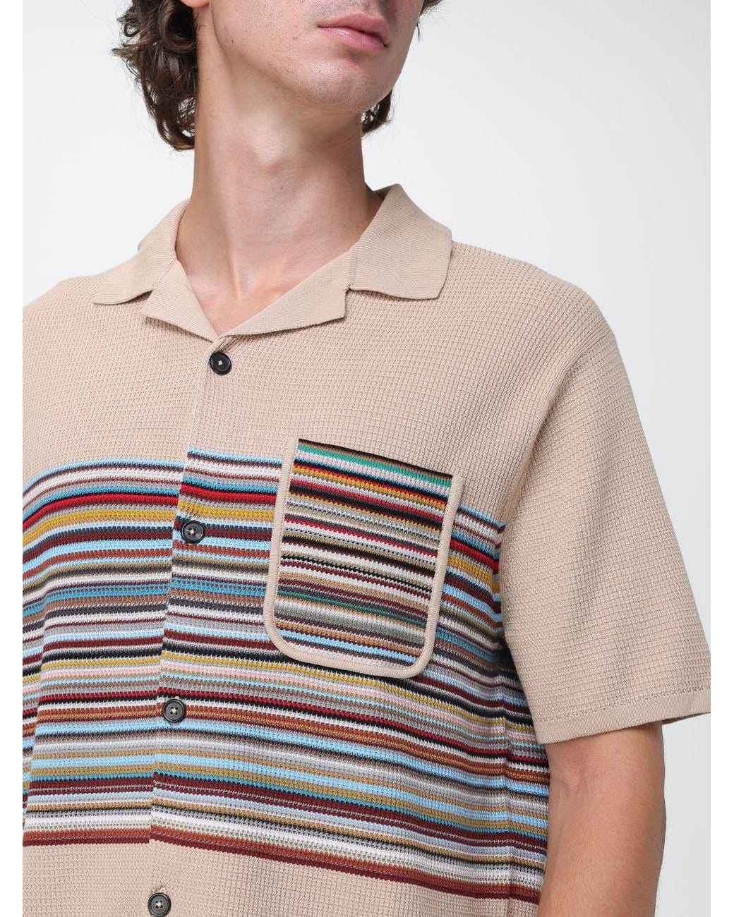 Paul Smith Natural Striped Cotton Short-Sleeve Cardigan With Cuban Collar for men